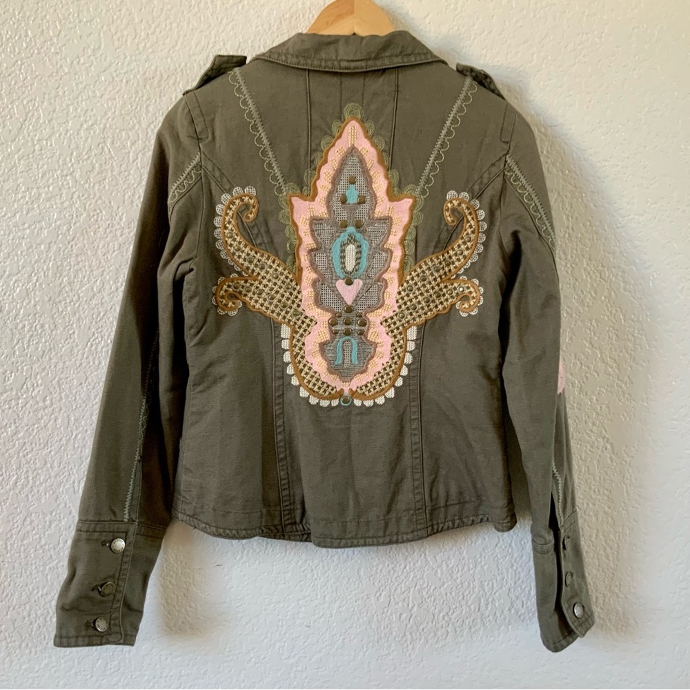 Embroidered Olive Utility Jacket with Pink & Gold Accents